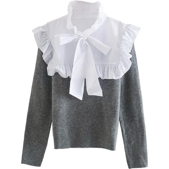 ZARA Gray Knit Sweater w/ White Bow Tie Collar NWT - Picture 3 of 5